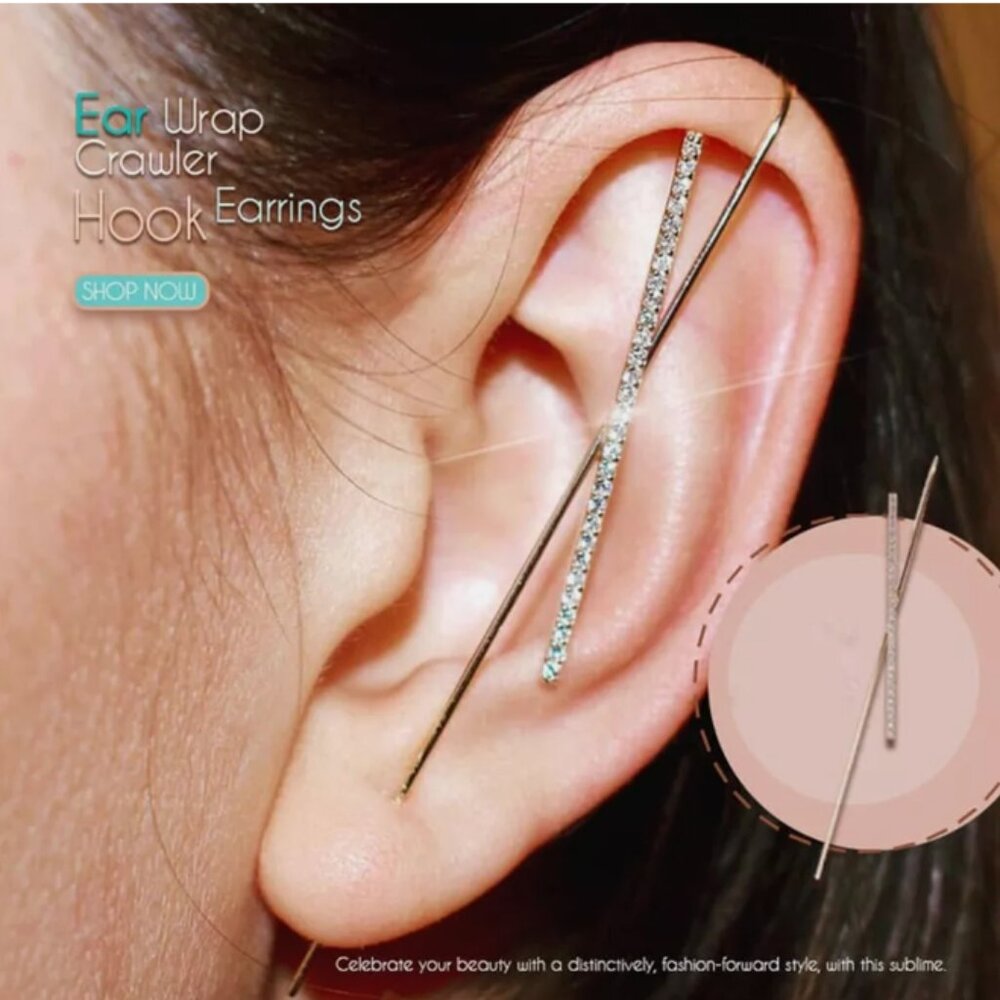 Women Ear Wrap Crawler Hook Earrings Unique Gold Plated Cuff Set Rhinestone